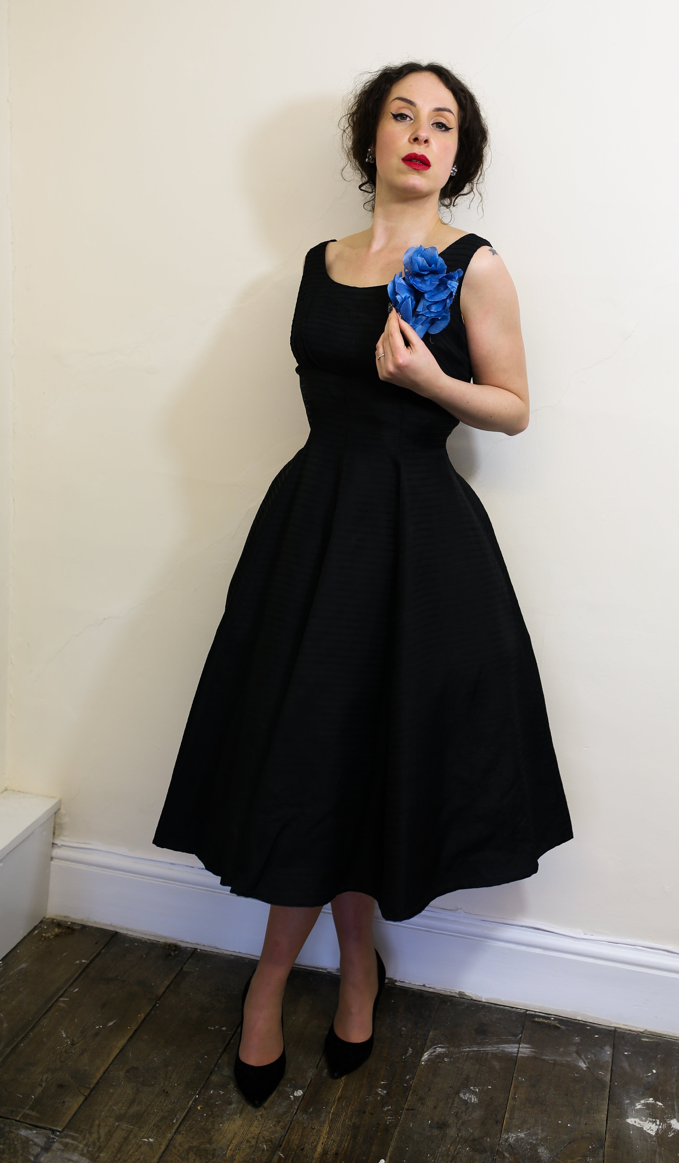 Vintage 1950s Black Stripe Taffeta Dress