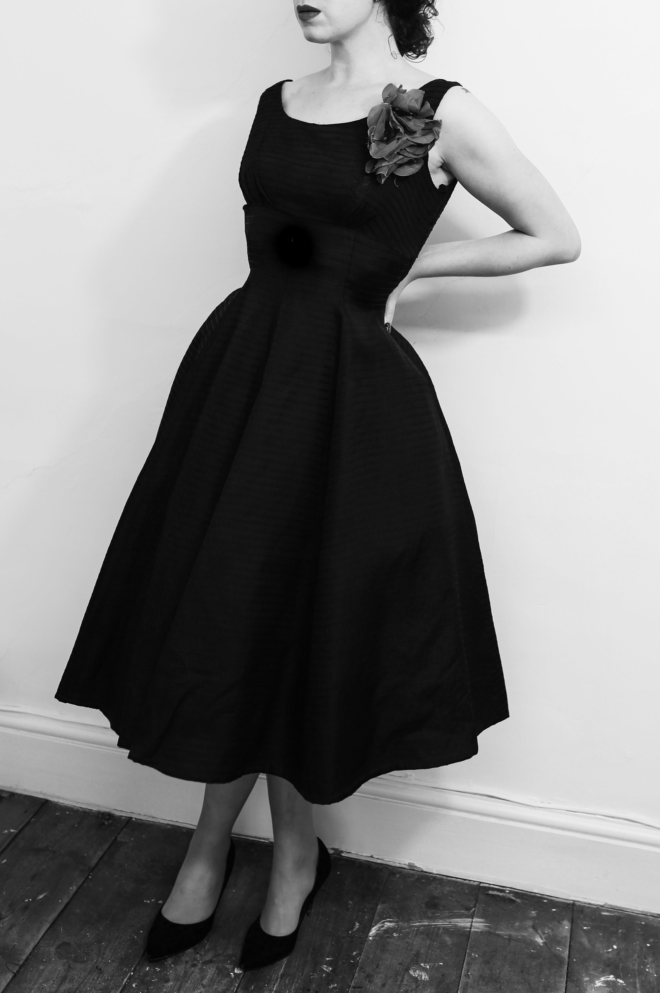 Vintage 1950s Black Stripe Taffeta Dress