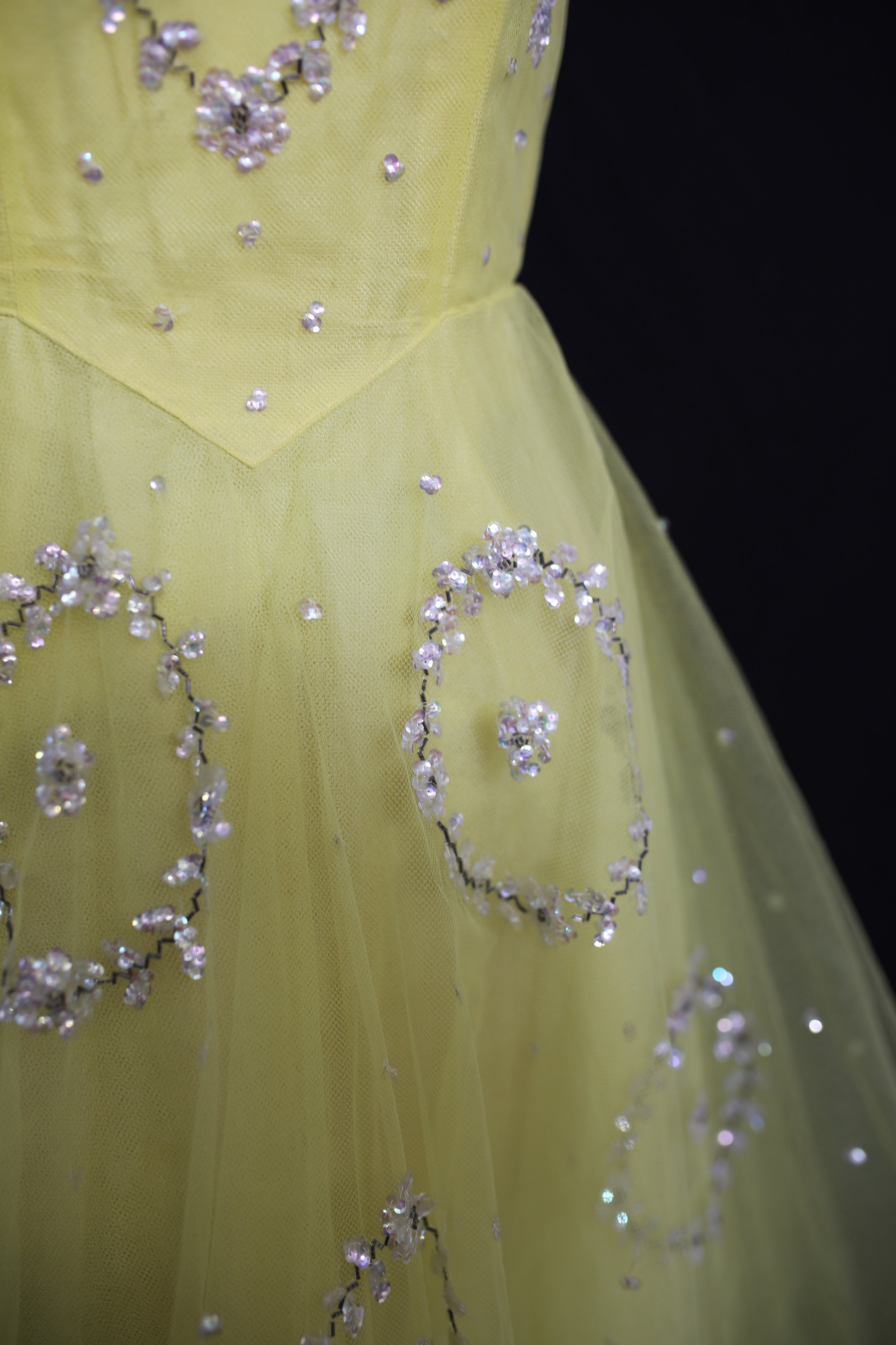 Vintage 1950s Yellow Sequin Tulle Cocktail Dress