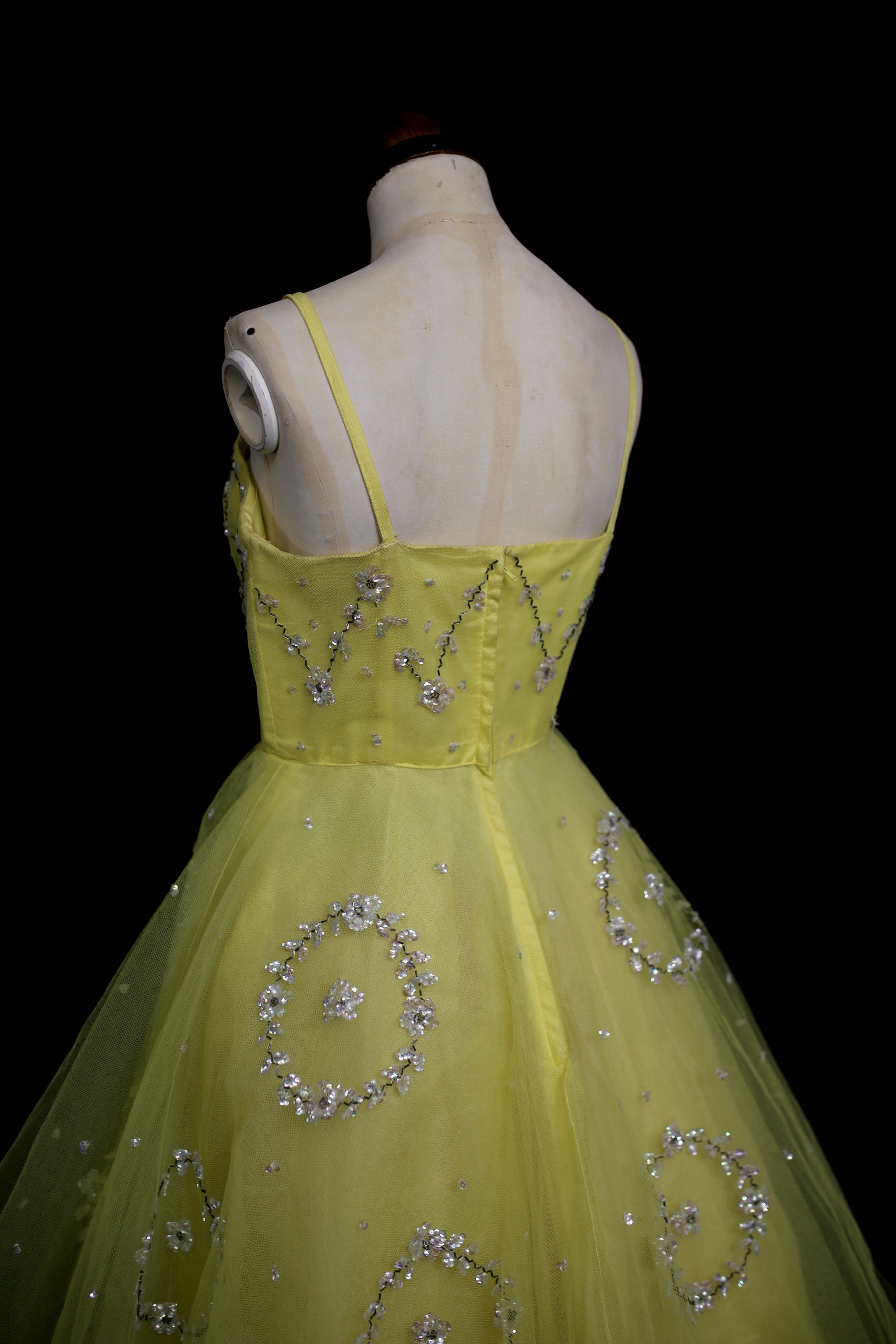 Vintage 1950s Yellow Sequin Tulle Cocktail Dress