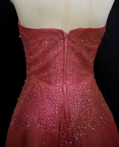 Vintage 1950s Raspberry Silk Tulle Sequin Dress