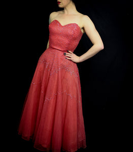 Vintage 1950s Raspberry Silk Tulle Sequin Dress