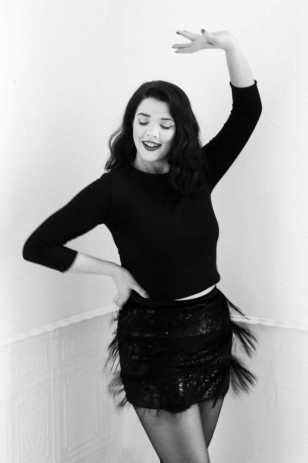 Black sequin fringed mini skirt Alexandra King modelled by Sarah Wingrove
