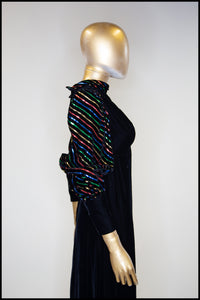 Vintage 1980s Black Velvet Rainbow Sleeve Dress