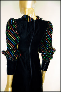 Vintage 1980s Black Velvet Rainbow Sleeve Dress