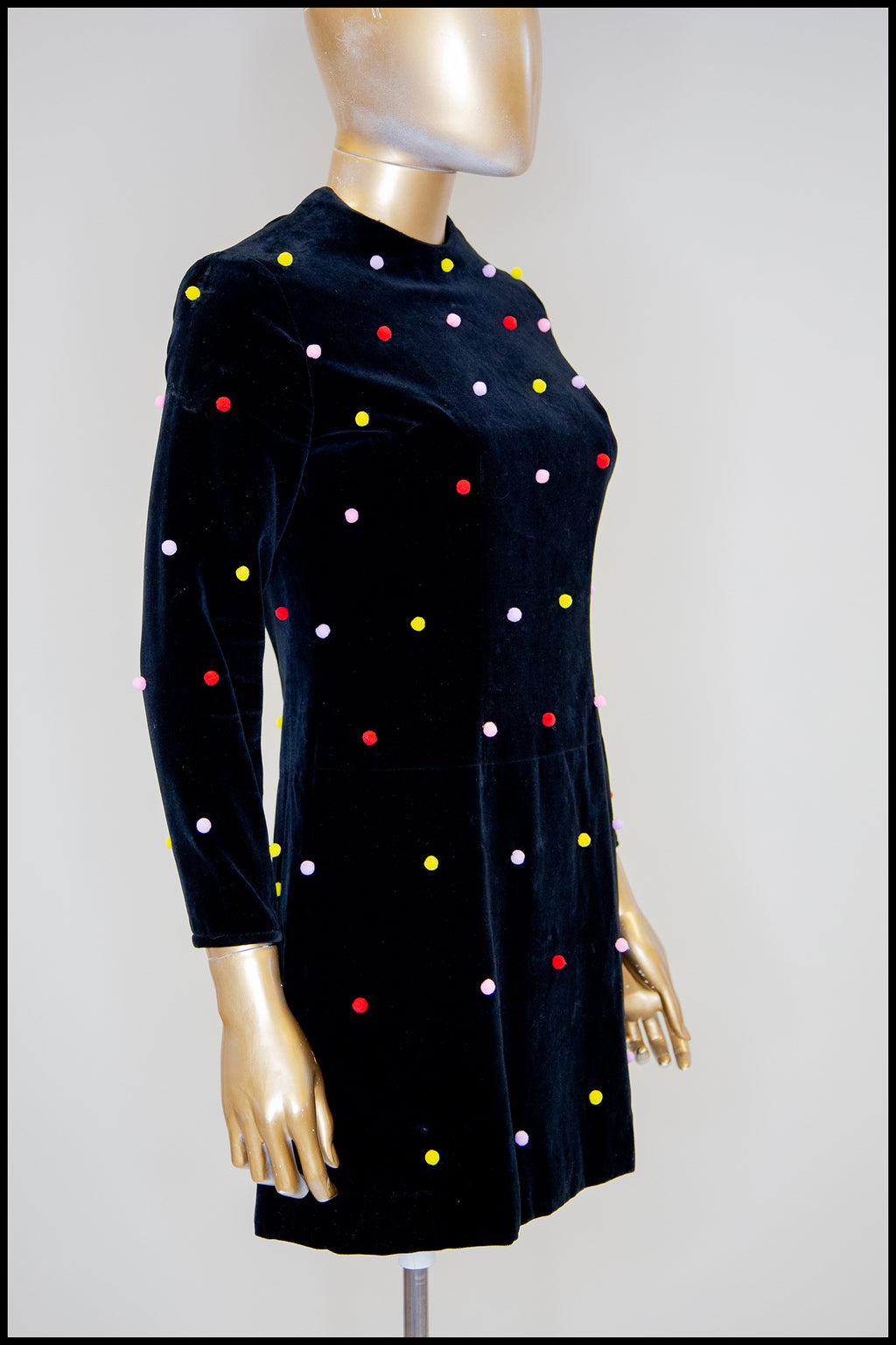 Vintage 1960s Velvet Rainbow Pom Pom Dot Mini Dress