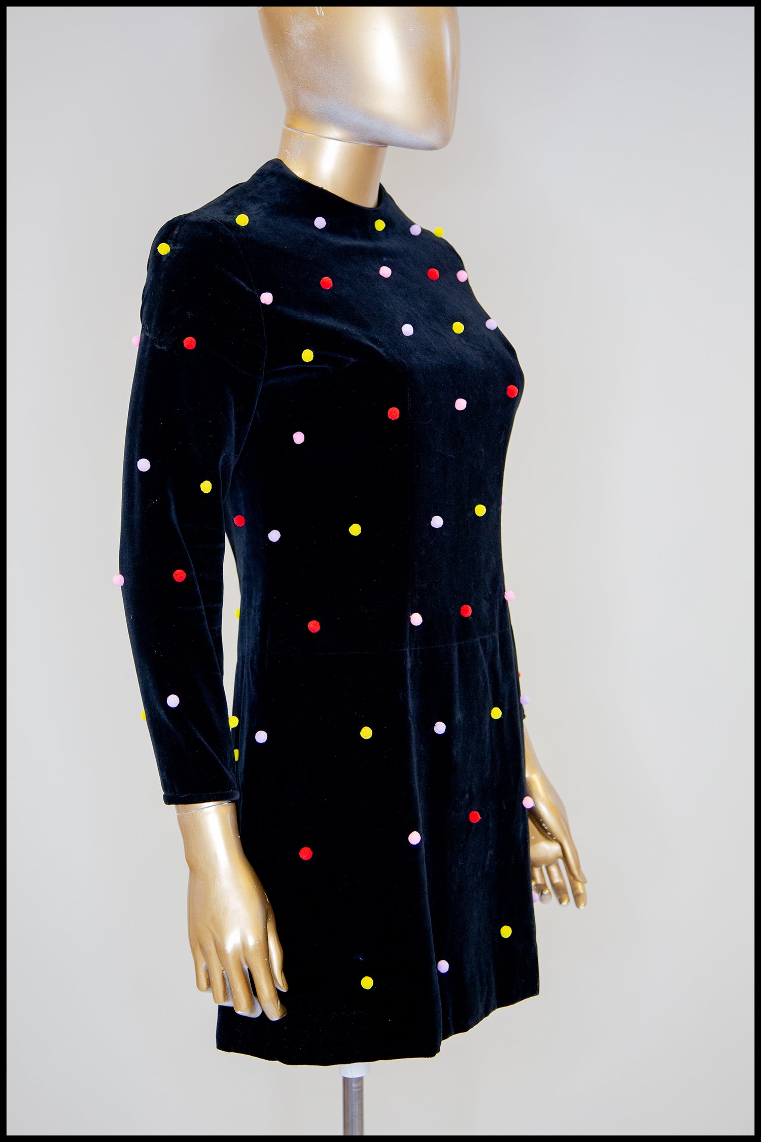 Vintage 1960s Velvet Rainbow Pom Pom Dot Mini Dress