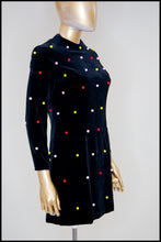 Vintage 1960s Velvet Rainbow Pom Pom Dot Mini Dress