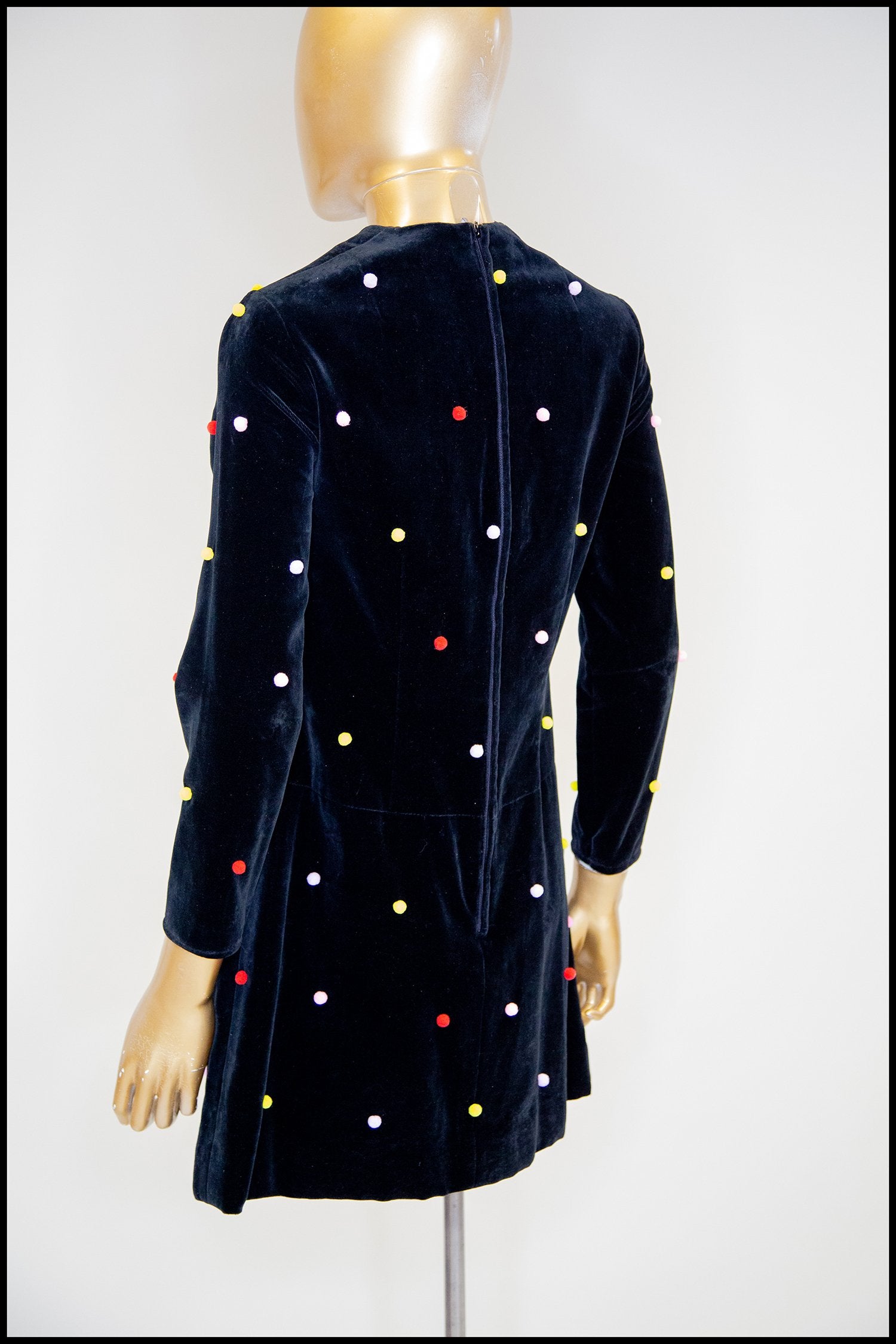 Black Velvet Rainbow Pom Pom Dot Mini Dress