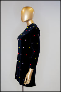 Vintage 1960s Velvet Rainbow Pom Pom Dot Mini Dress