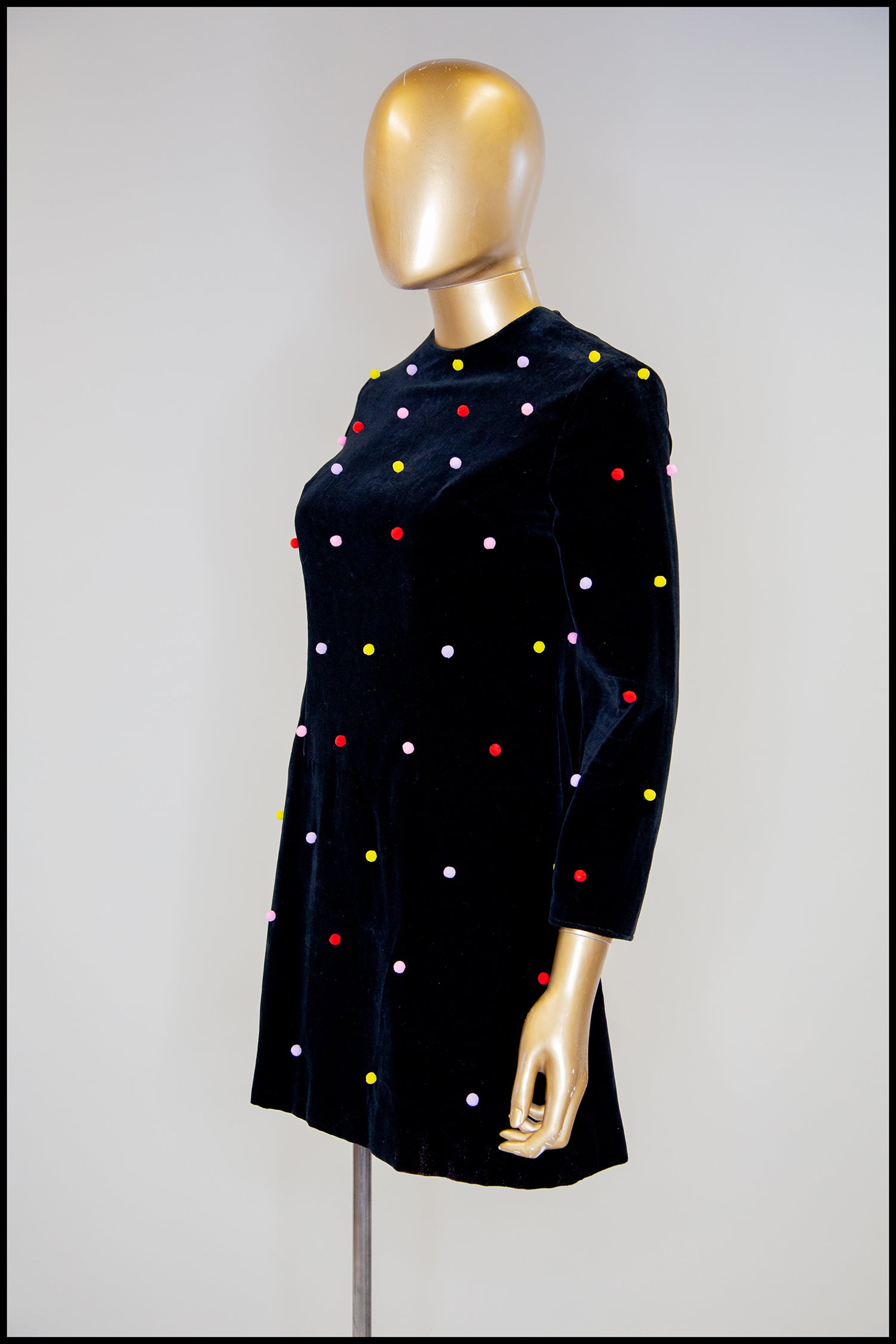 Vintage 1960s Velvet Rainbow Pom Pom Dot Mini Dress