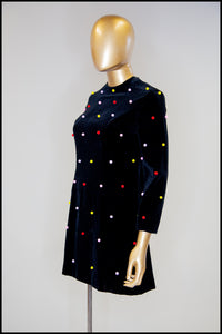 Vintage 1960s Velvet Rainbow Pom Pom Dot Mini Dress