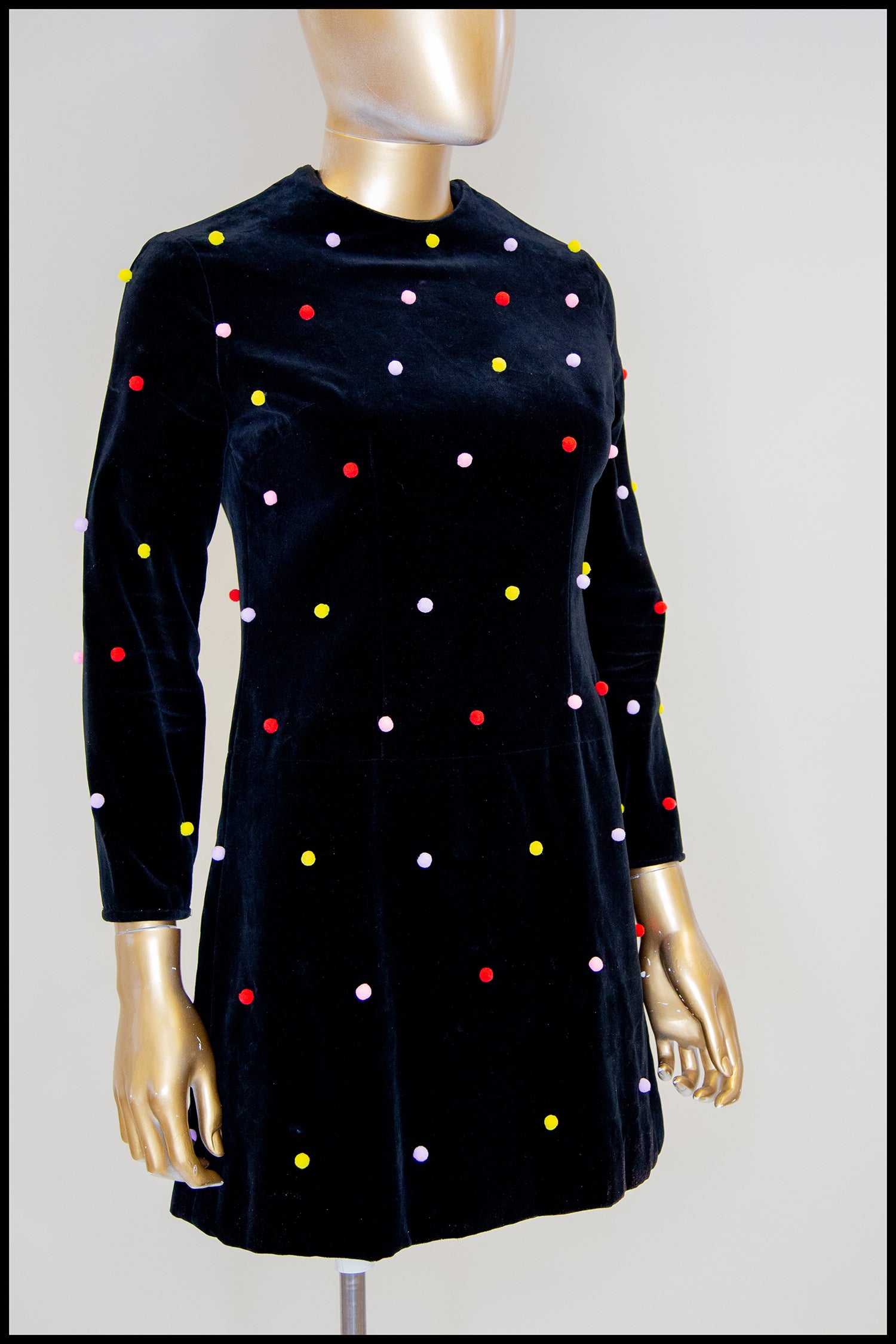 Vintage 1960s Velvet Rainbow Pom Pom Dot Mini Dress