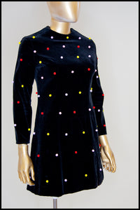Vintage 1960s Velvet Rainbow Pom Pom Dot Mini Dress