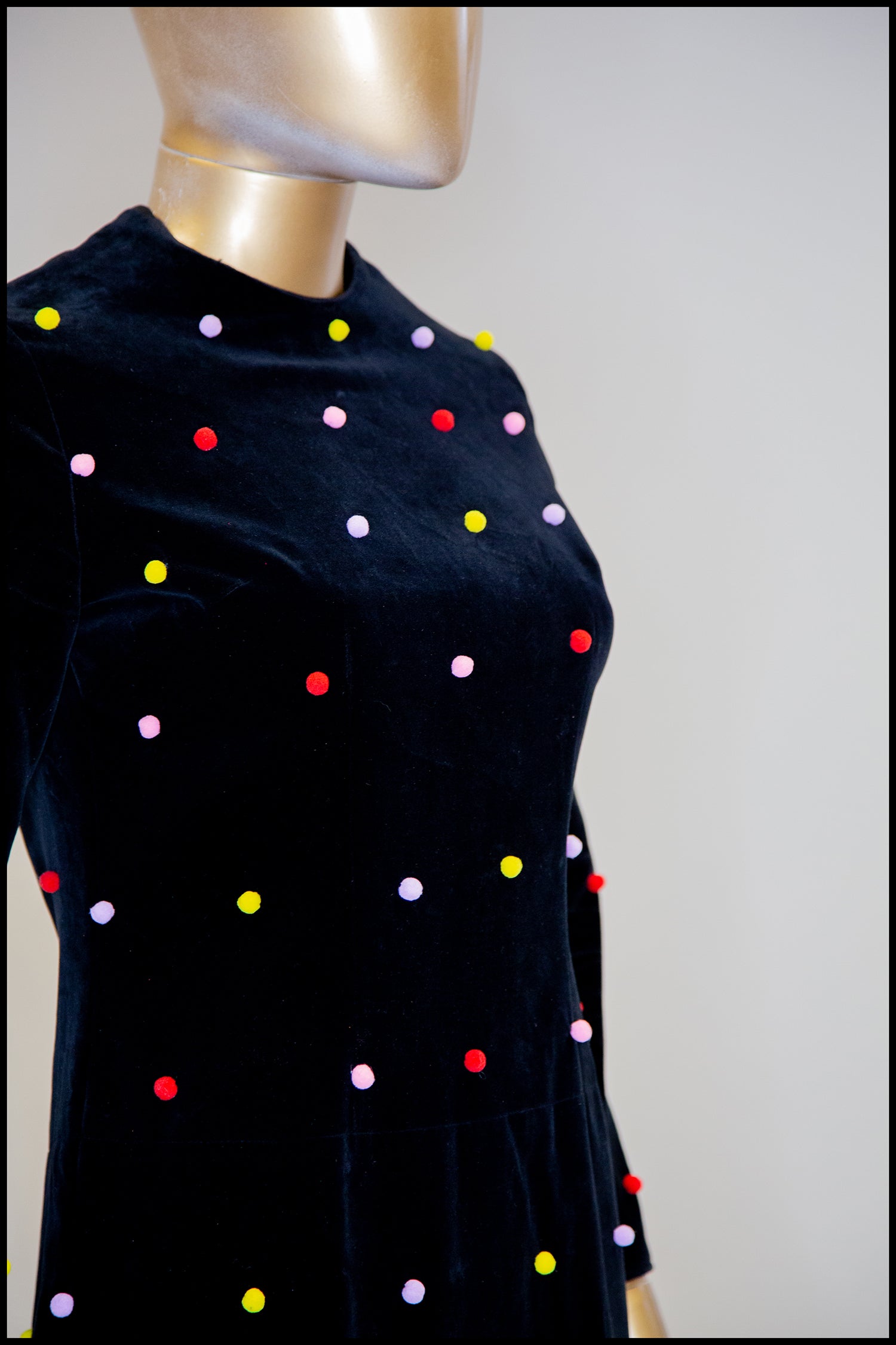 Vintage 1960s Velvet Rainbow Pom Pom Dot Mini Dress