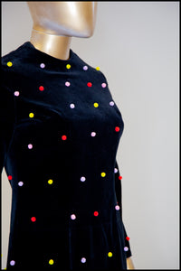 Vintage 1960s Velvet Rainbow Pom Pom Dot Mini Dress
