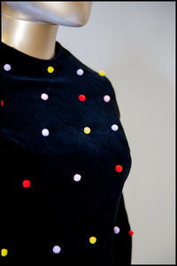 Vintage 1960s Velvet Rainbow Pom Pom Dot Mini Dress