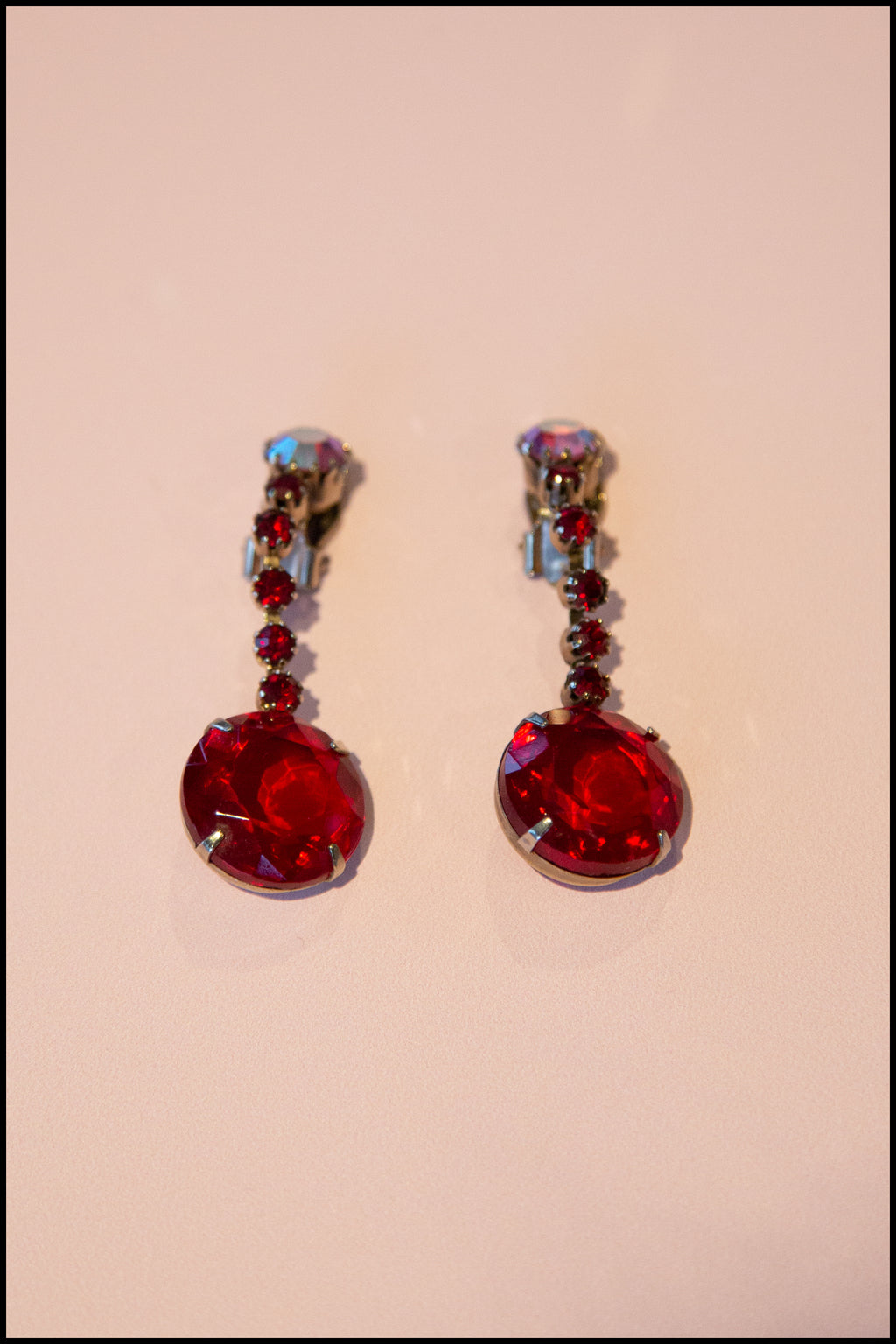 Vintage 1960s Large Red Rhinestone Drop Earrings