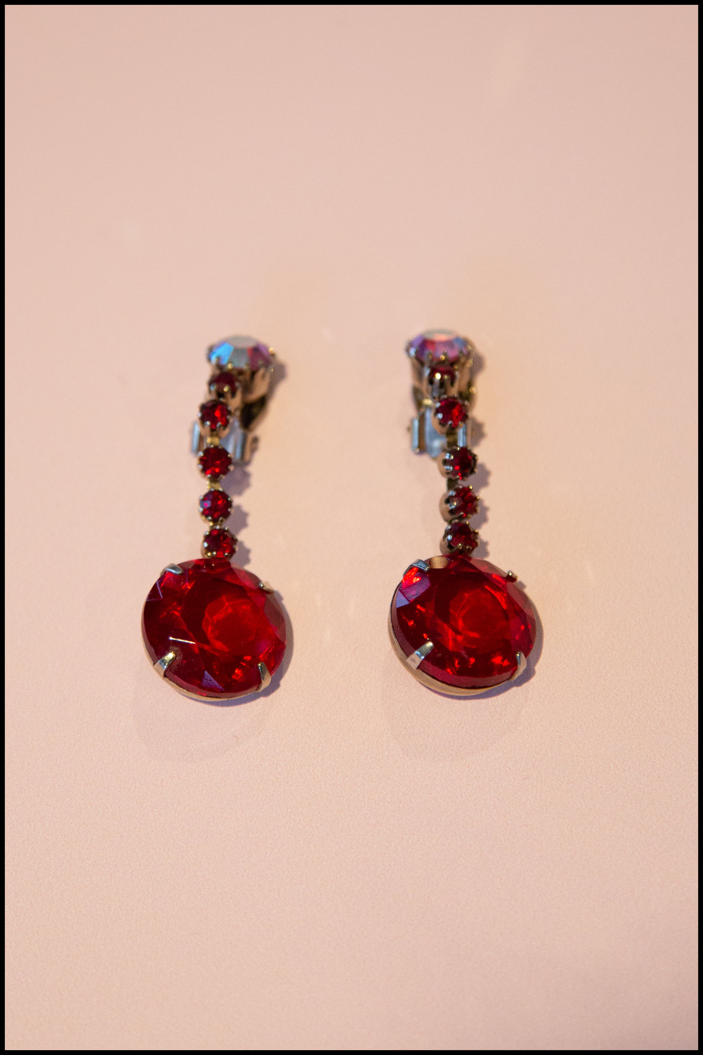 Vintage 1960s Large Red Rhinestone Drop Earrings