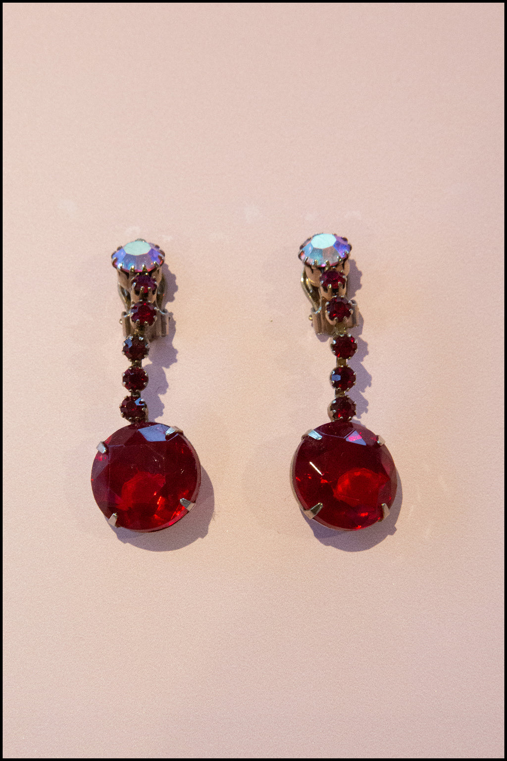 Vintage 1960s Large Red Rhinestone Drop Earrings