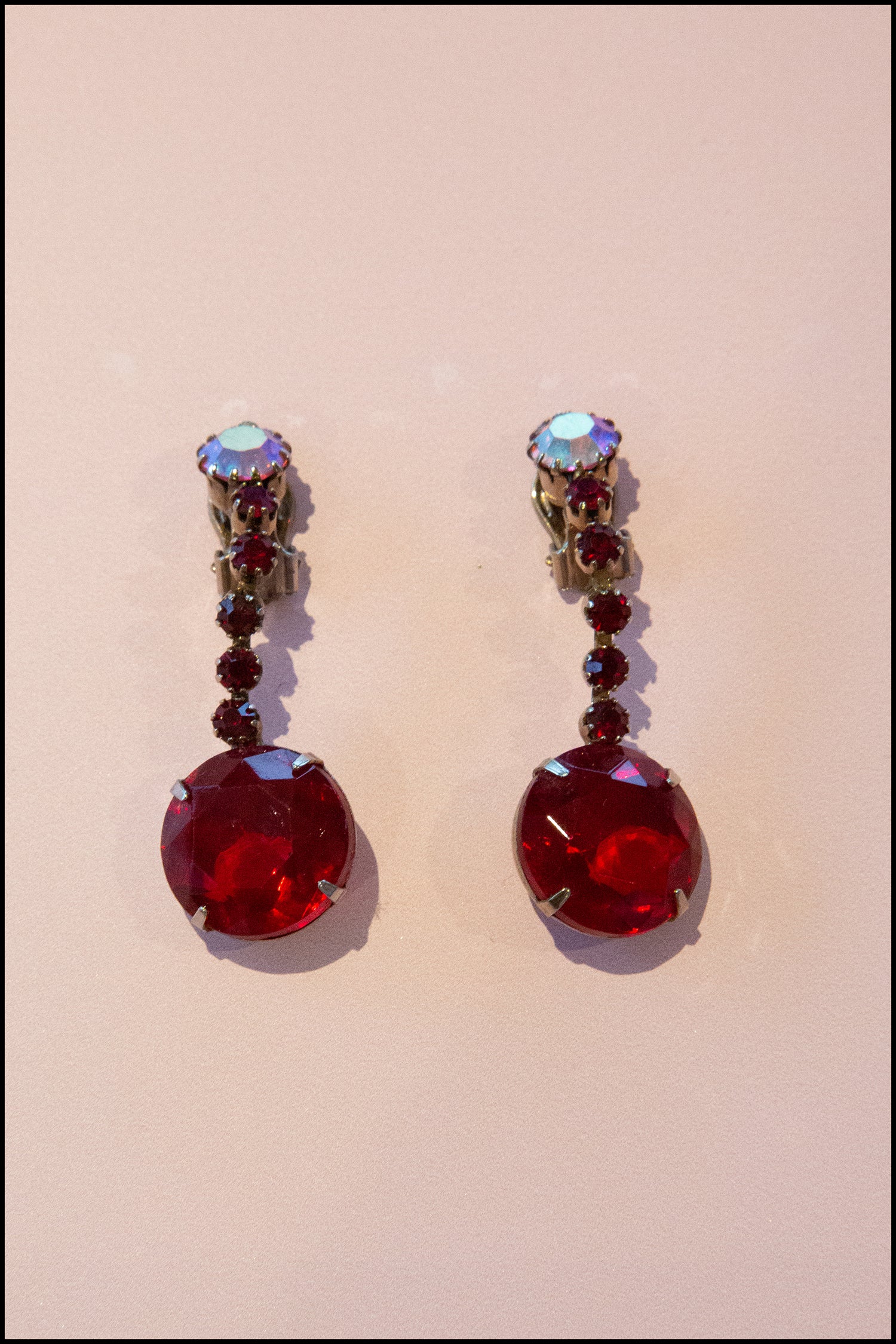 Vintage 1960s Large Red Rhinestone Drop Earrings