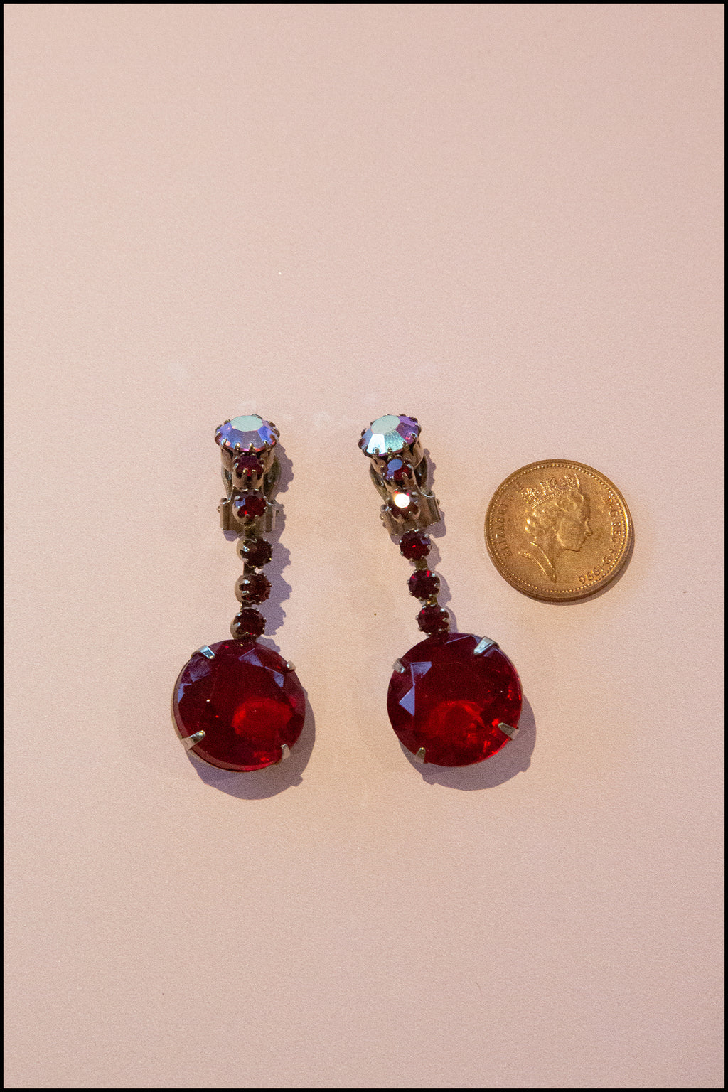 Vintage 1960s Large Red Rhinestone Drop Earrings