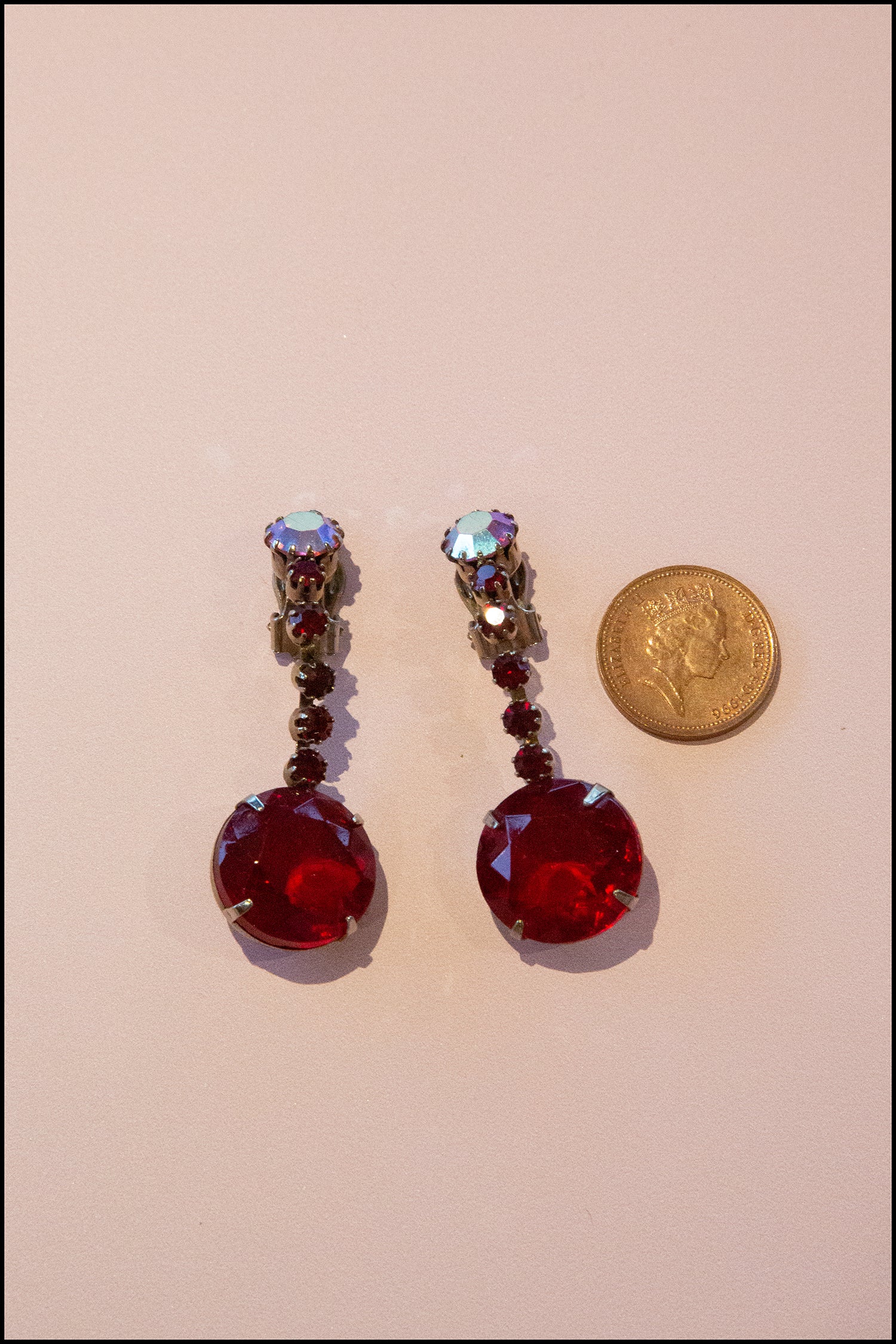 Vintage 1960s Large Red Rhinestone Drop Earrings