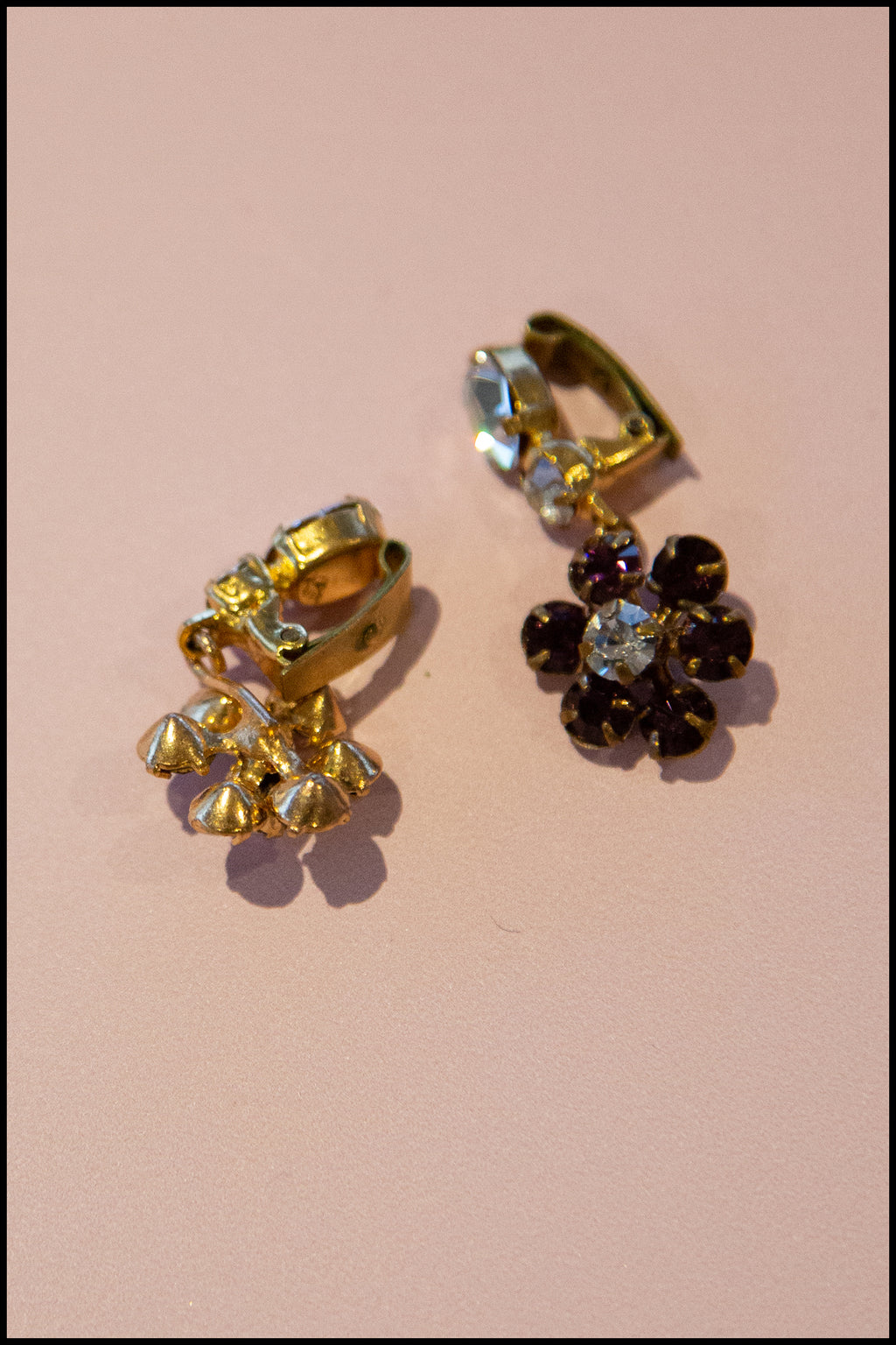 Vintage 1960s Purple Flower Rhinestone Earrings