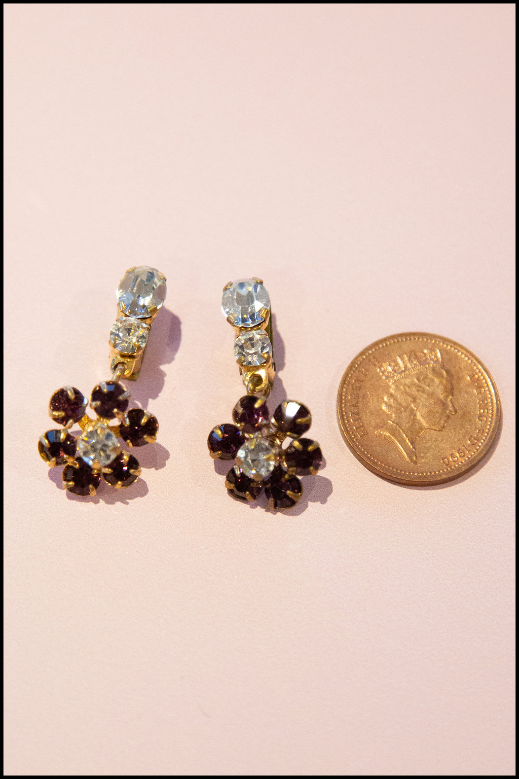 Vintage 1960s Purple Flower Rhinestone Earrings