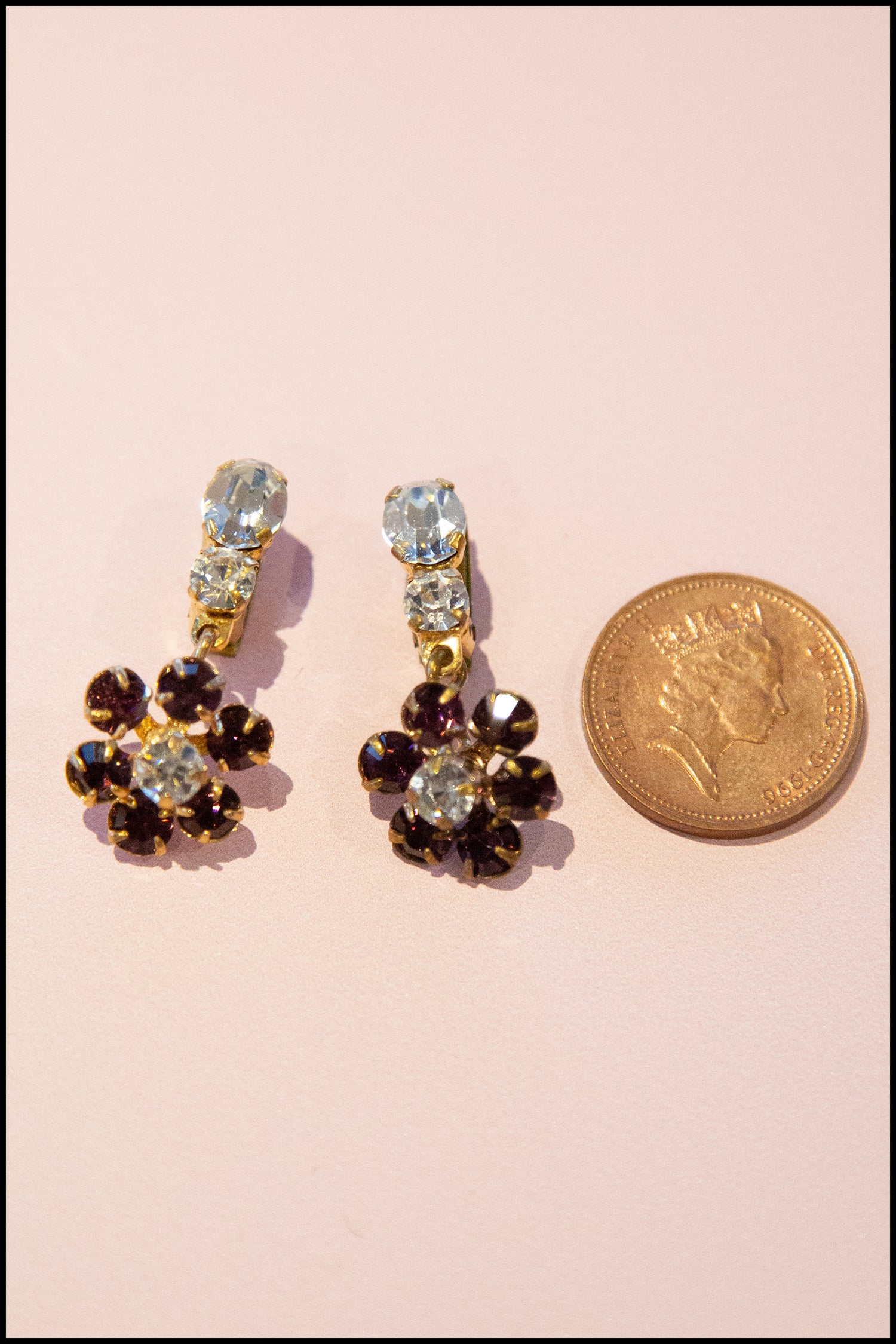 Vintage 1960s Purple Flower Rhinestone Earrings