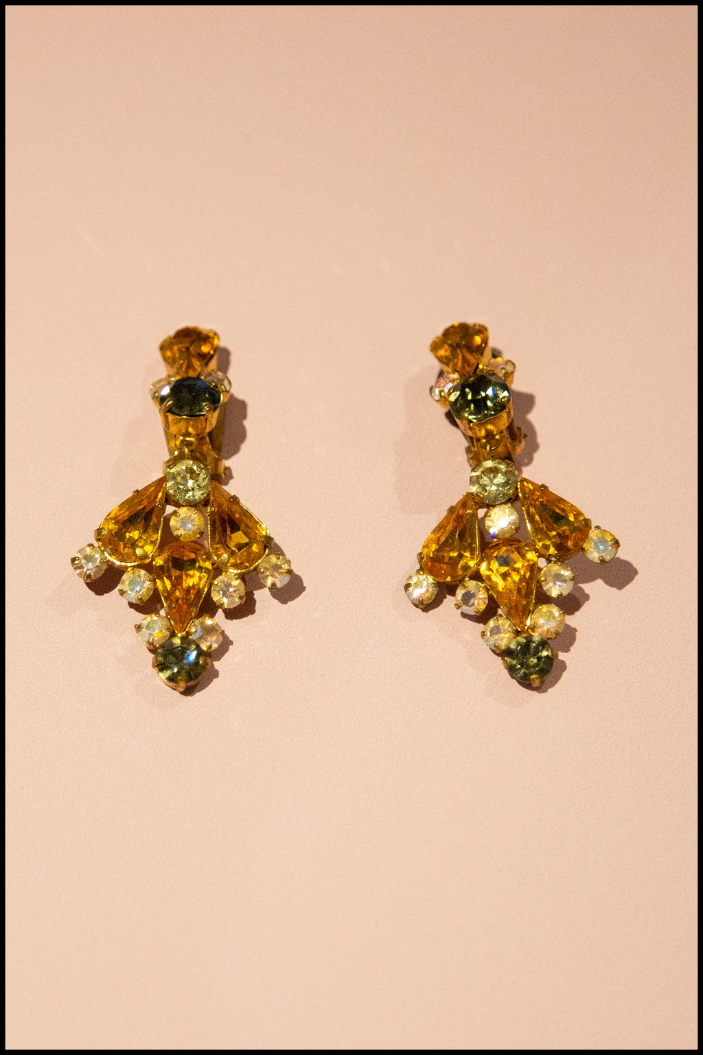 Vintage 1950s Amber Rhinestone Drop Earrings