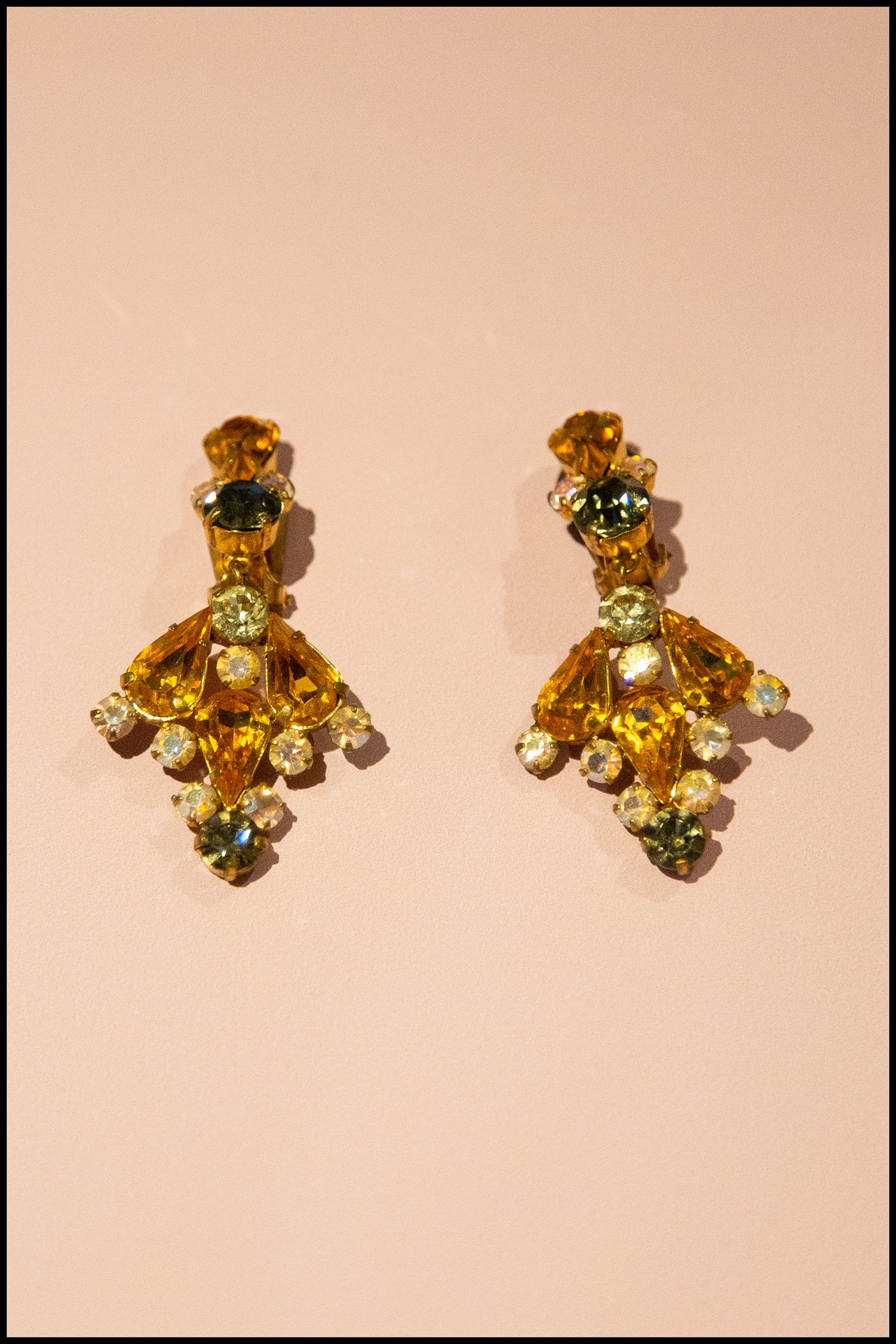Vintage 1950s Amber Rhinestone Drop Earrings