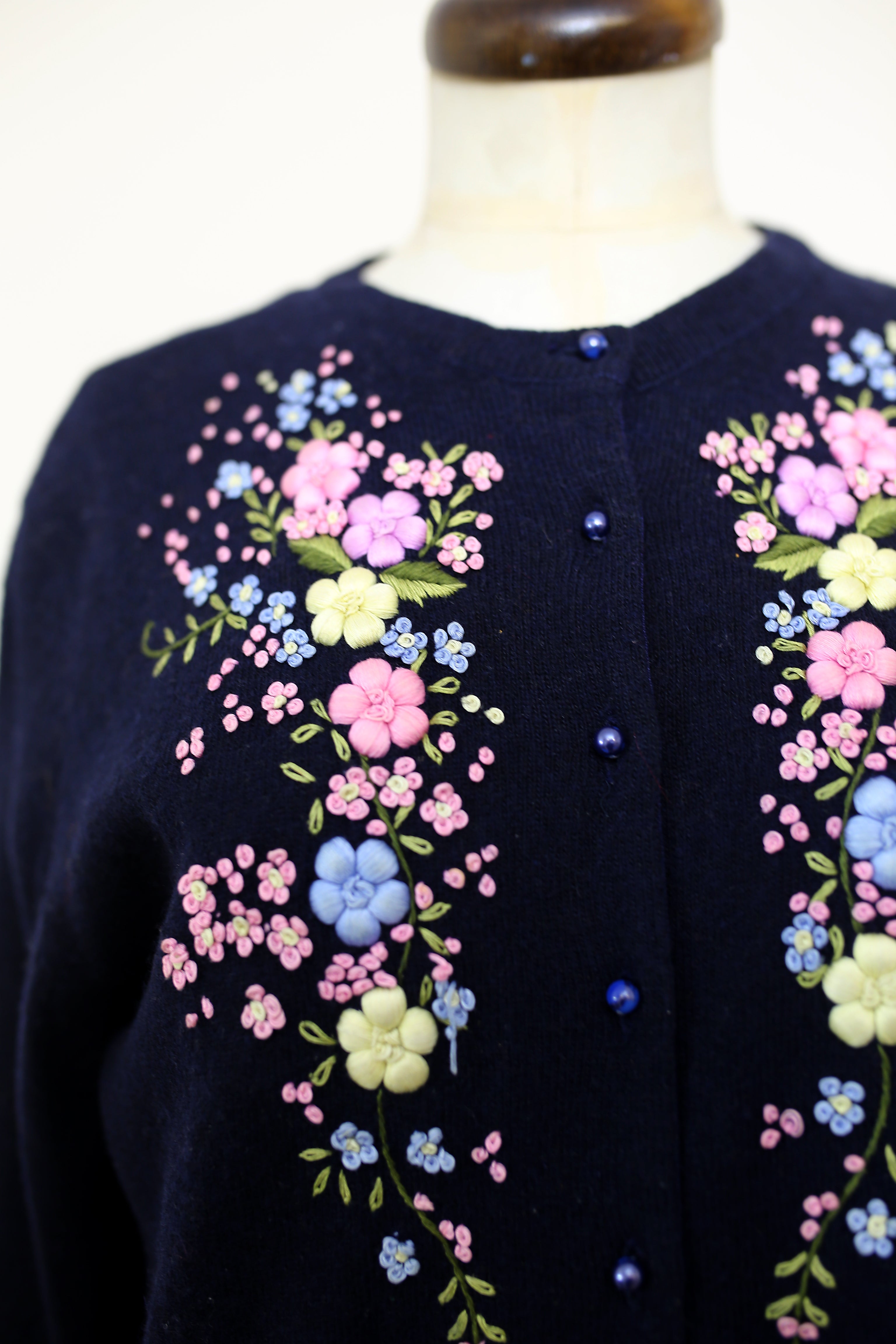 RESERVED Vintage 1950s Navy Blue Embroidered Cardigan