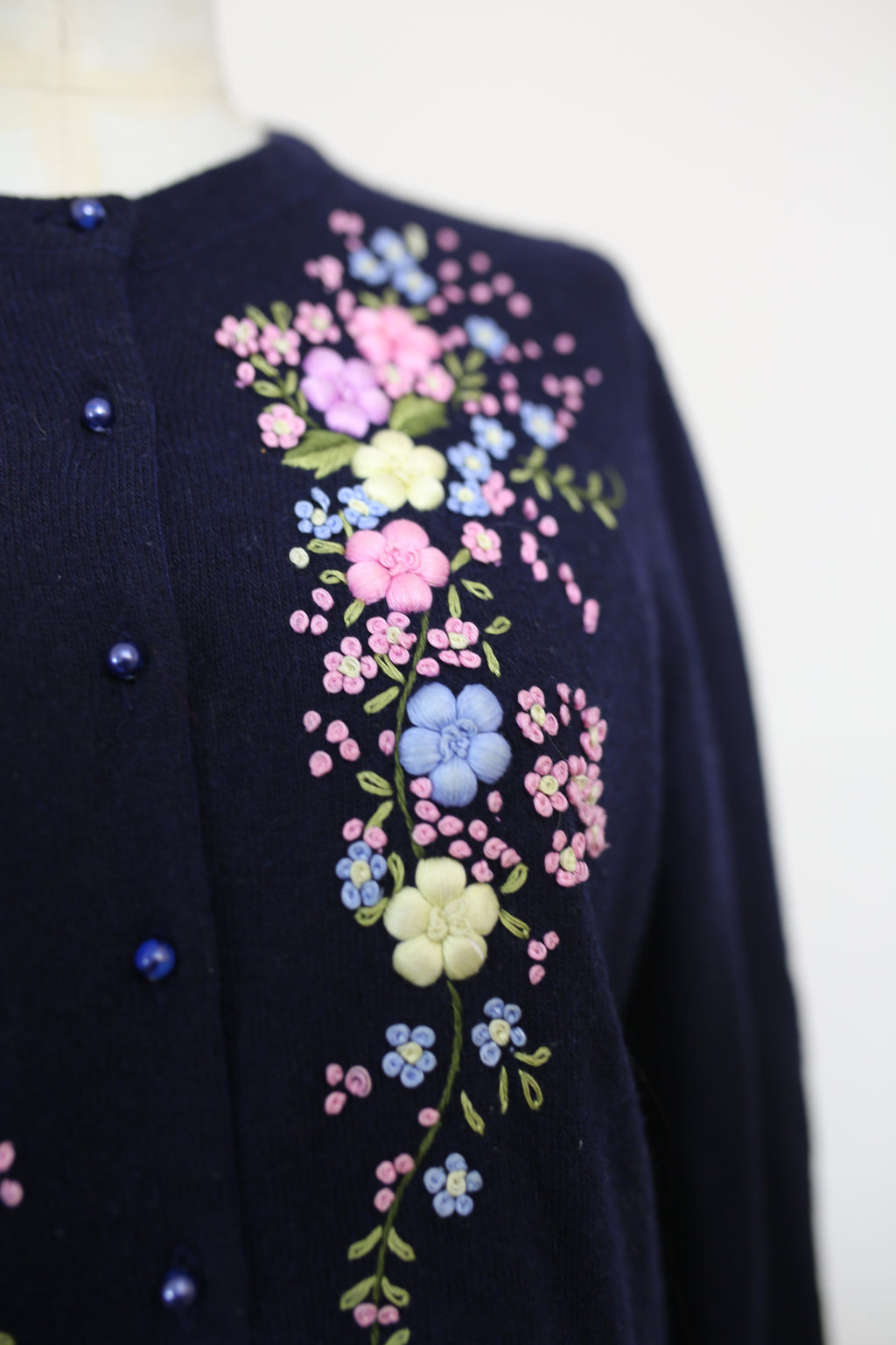 RESERVED Vintage 1950s Navy Blue Embroidered Cardigan