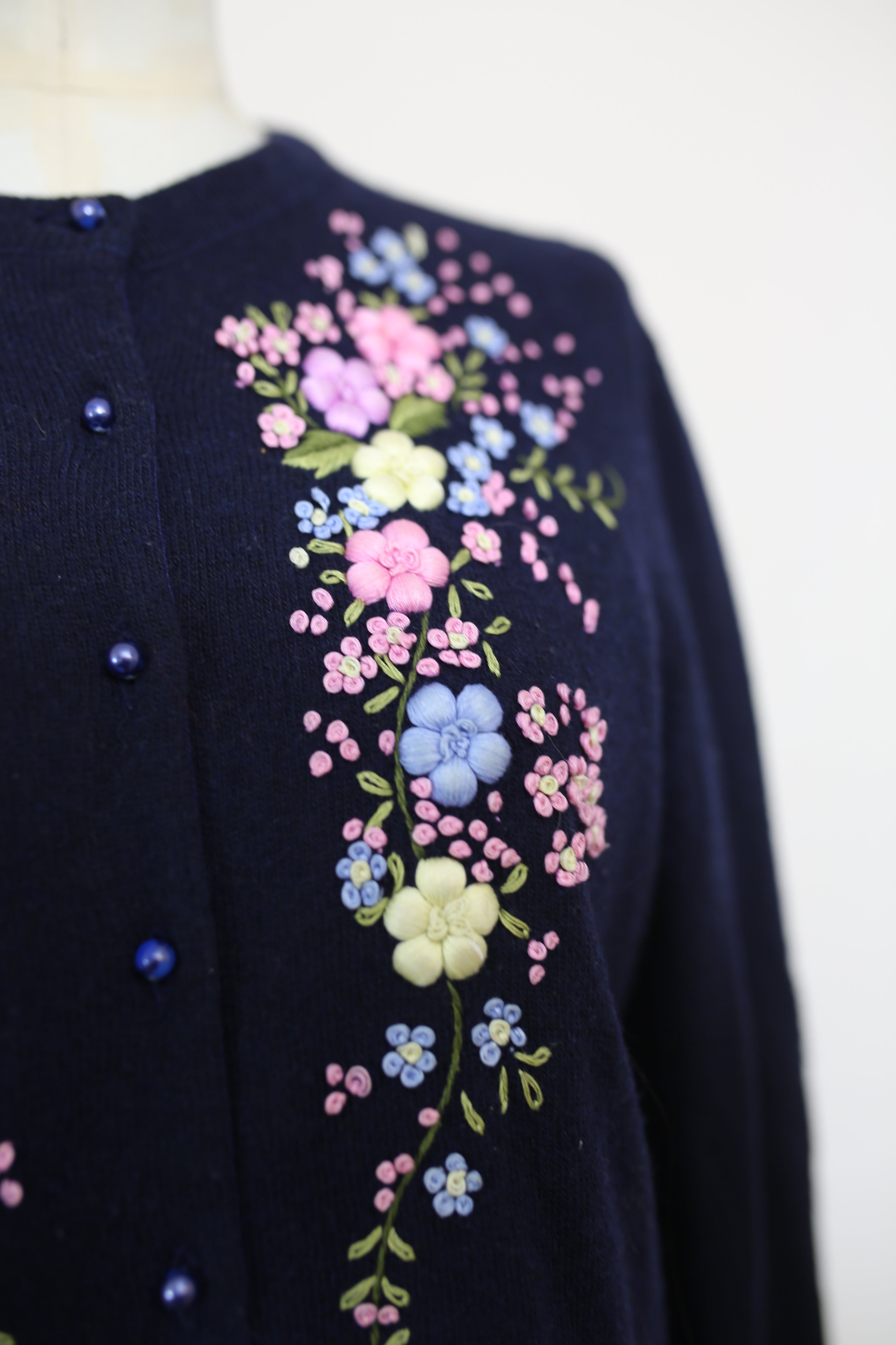 RESERVED Vintage 1950s Navy Blue Embroidered Cardigan
