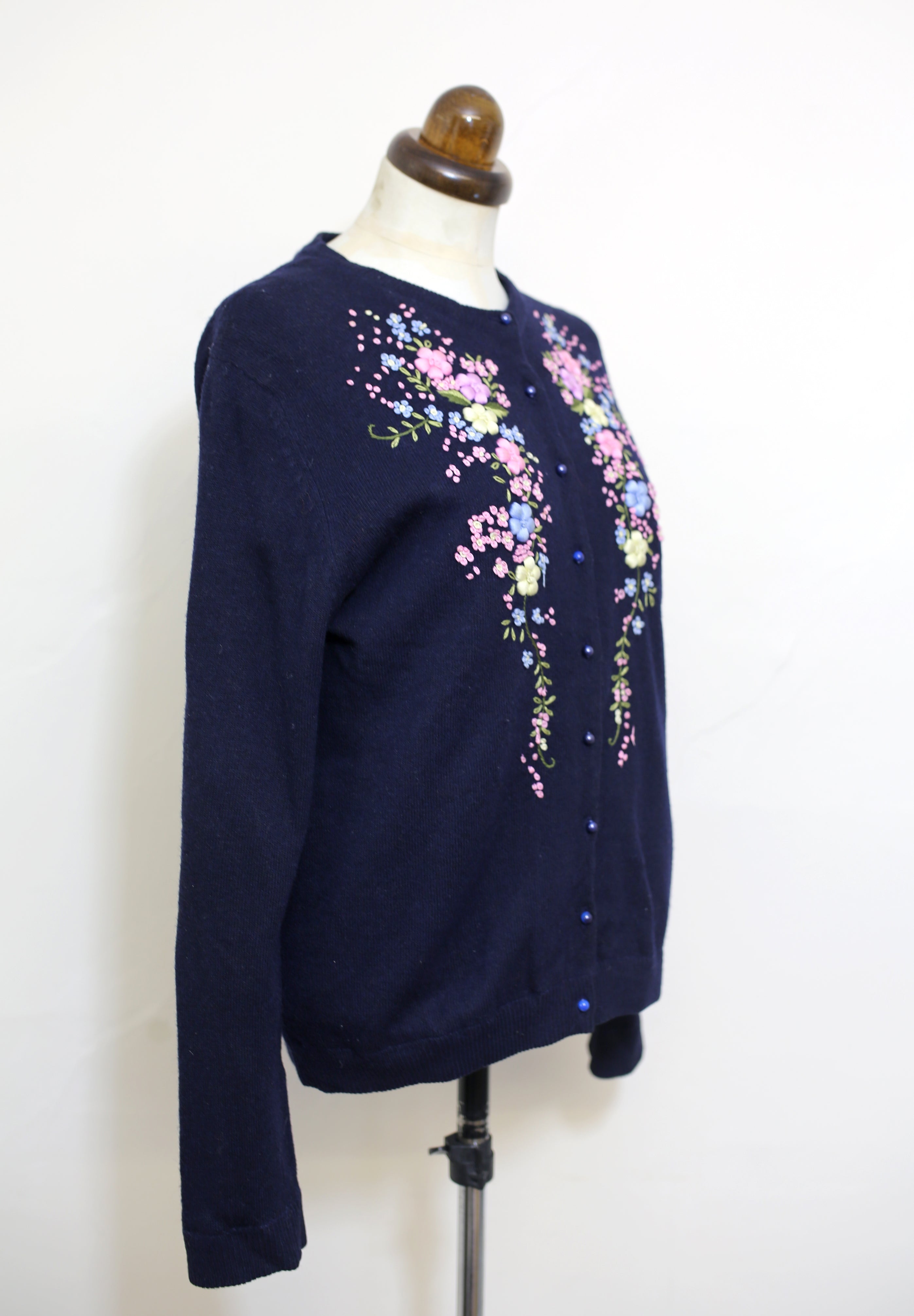 RESERVED Vintage 1950s Navy Blue Embroidered Cardigan