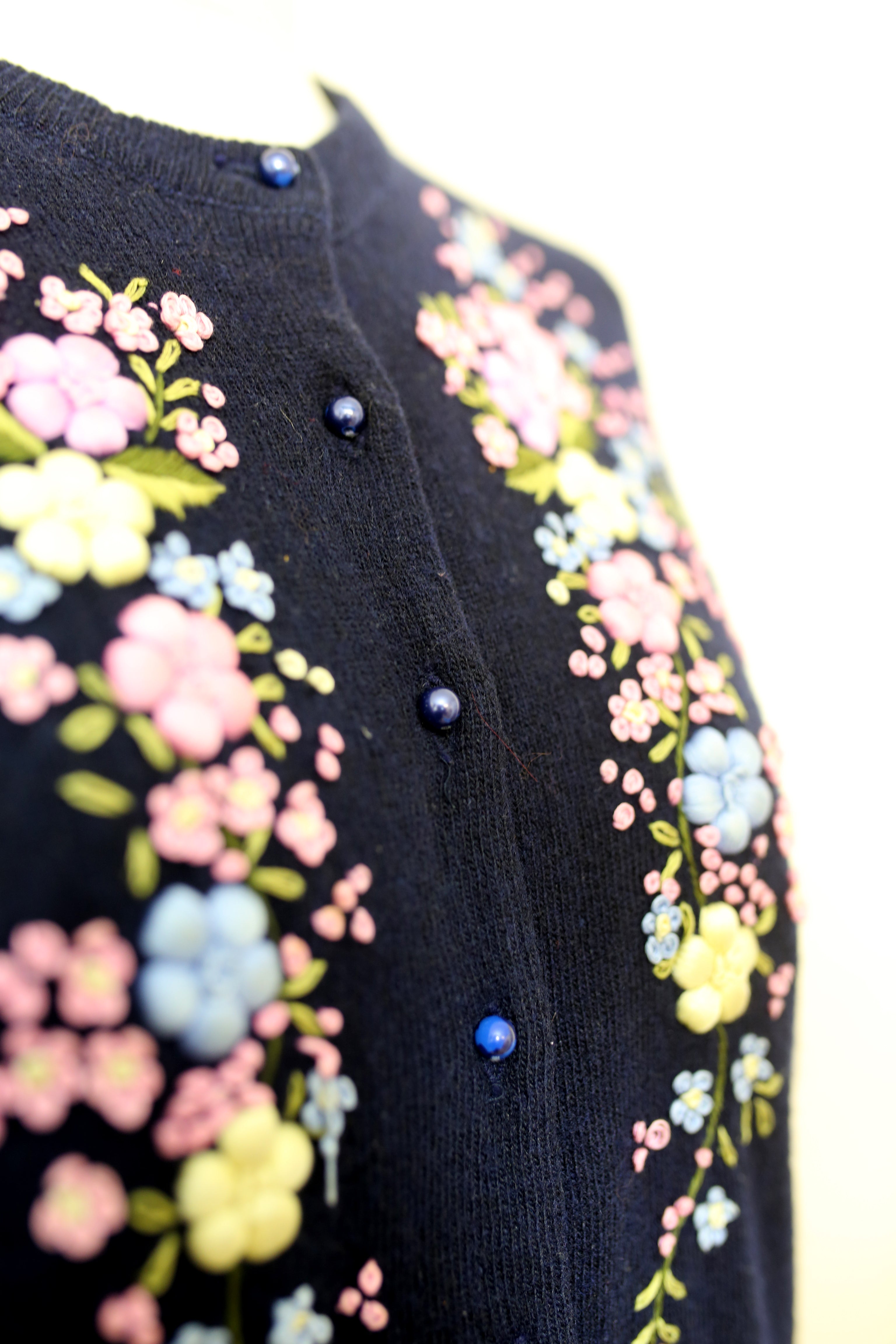 RESERVED Vintage 1950s Navy Blue Embroidered Cardigan