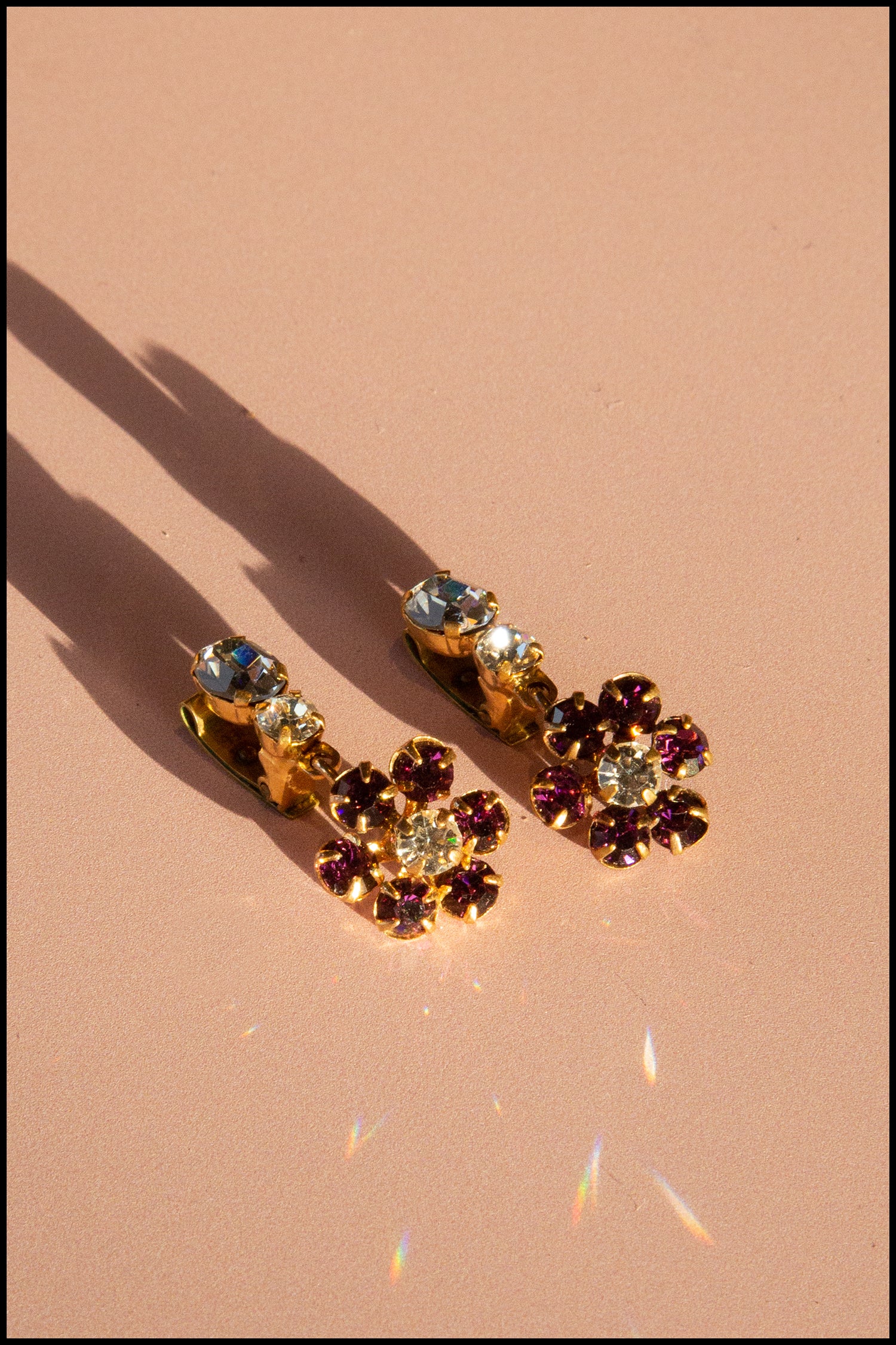 Vintage 1960s Purple Flower Rhinestone Earrings