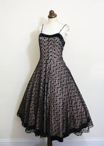 Vintage 1950s Black and Pink Lace Cocktail Dress