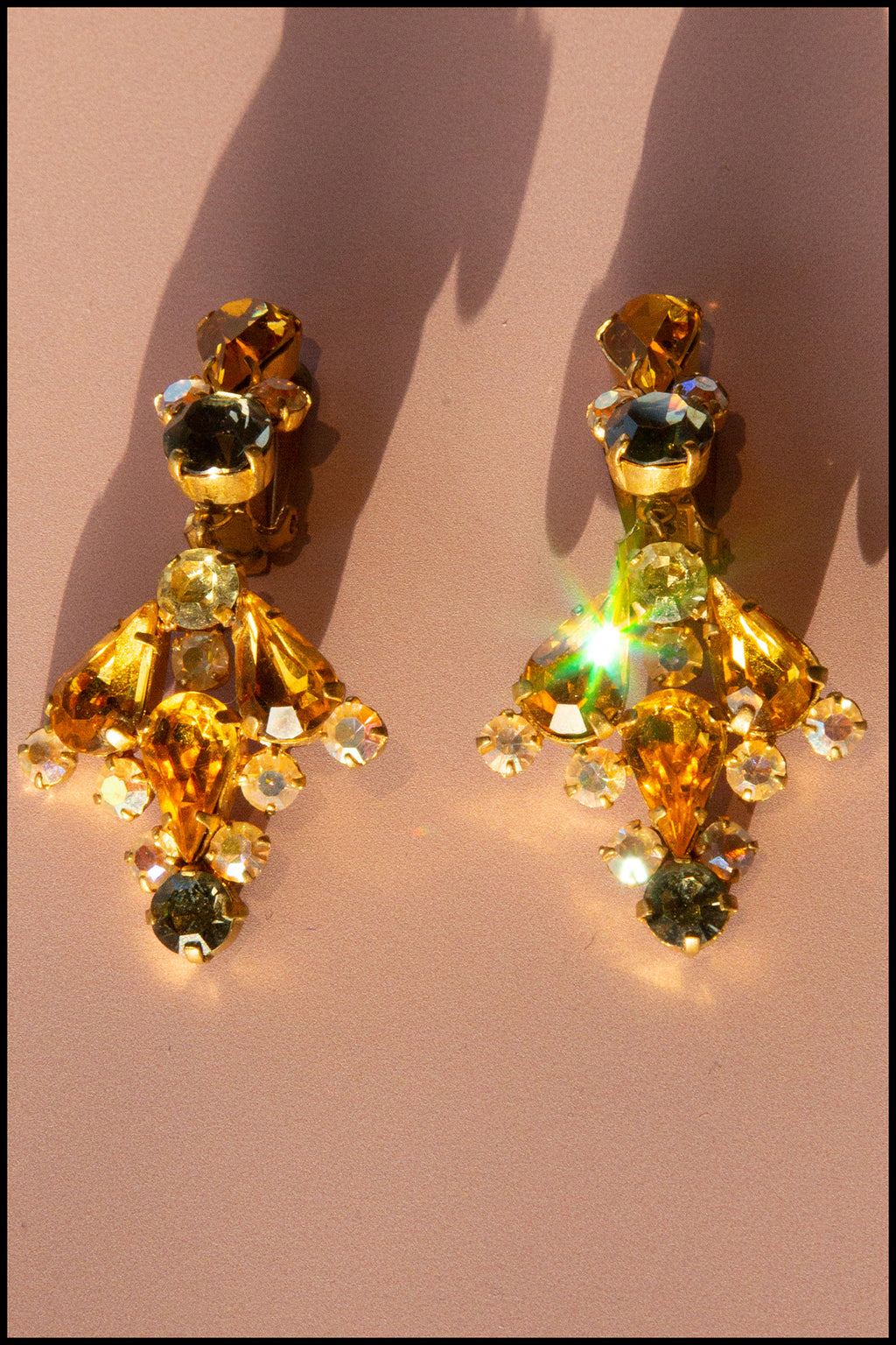 Vintage 1950s Amber Rhinestone Drop Earrings