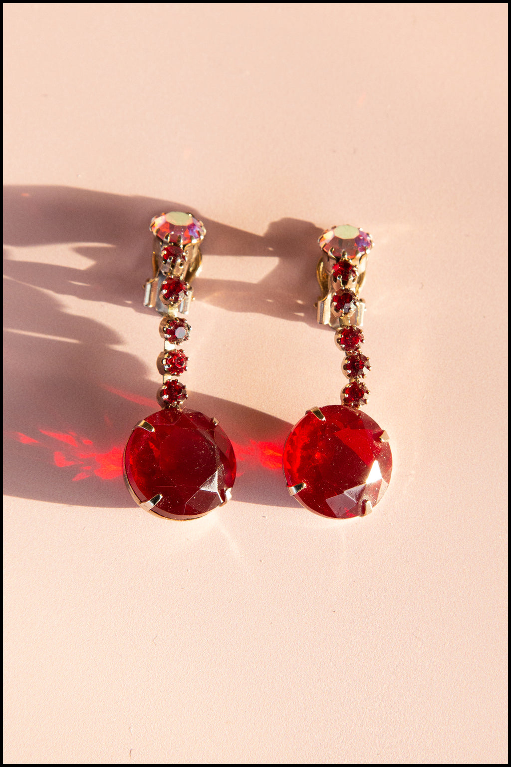 Vintage 1960s Large Red Rhinestone Drop Earrings