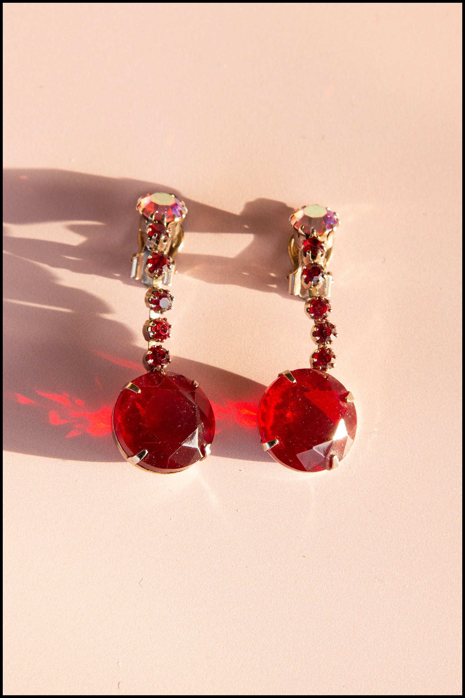 Vintage 1960s Large Red Rhinestone Drop Earrings