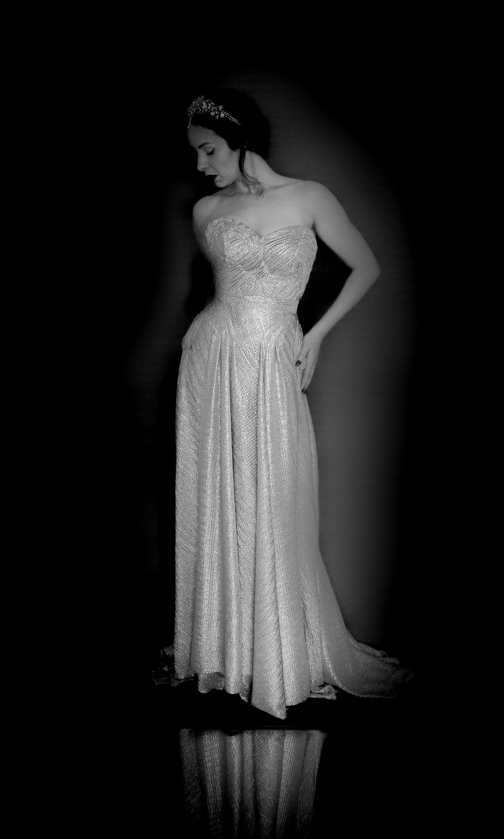 Gold strapless gown in metallic lurex by Alexandra King. Titled the snake charmer, suitable for the red carpet or as a wedding bridal dress. One of a kind hand made in the UK