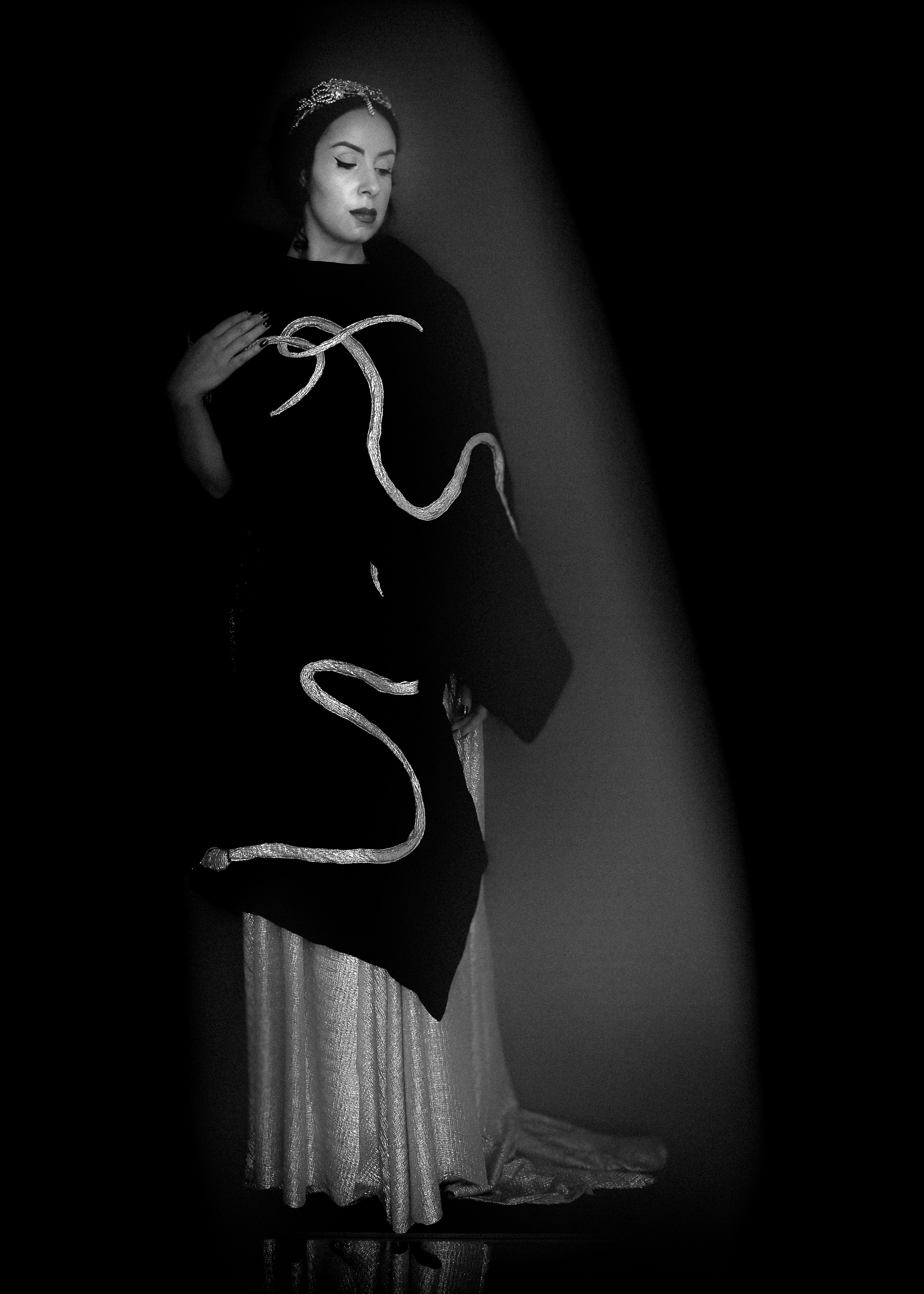 Old Hollywood black velvet wrap stole with gold lurex and Swarovski crystal snake design. A one of a kind piece by Alexandra King. The snake charmer wrap. 