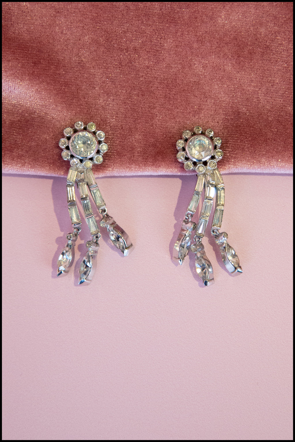 Vintage 1980s Flower Drop Rhinestone Earrings