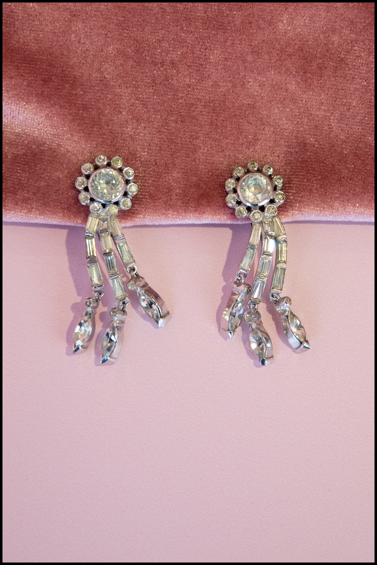 Vintage 1980s Flower Drop Rhinestone Earrings