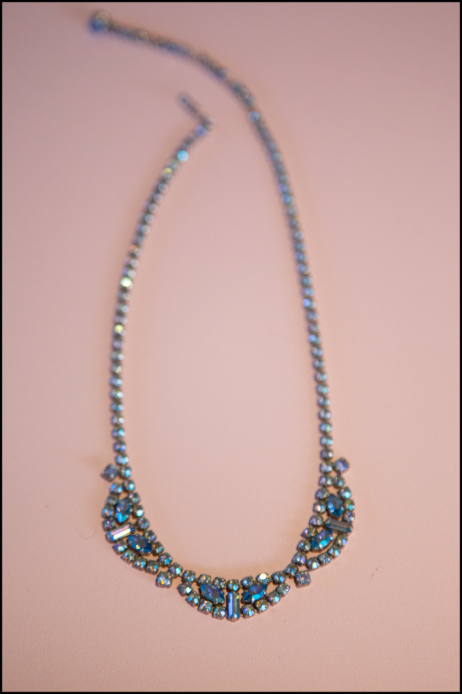 Vintage 1950s Blue Iridescent Rhinestone Necklace