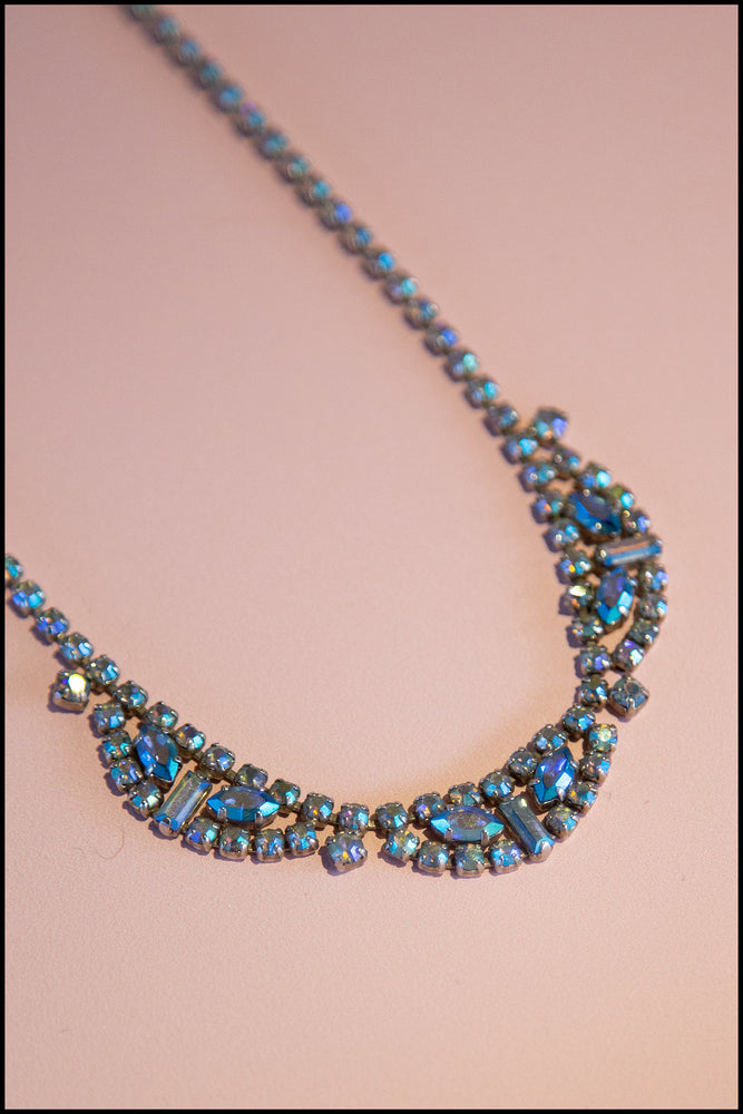 Vintage 1950s Blue Iridescent Rhinestone Necklace