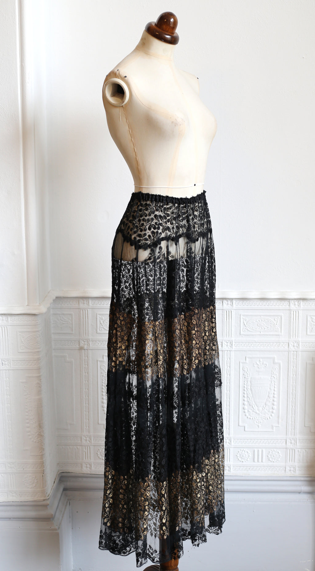 RESERVED FOR LINDA Vintage 1920s Black and Gold Lace Skirt