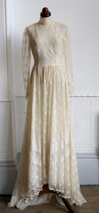 Vintage 1970s Edwardian Style Cream Lace Wedding Dress